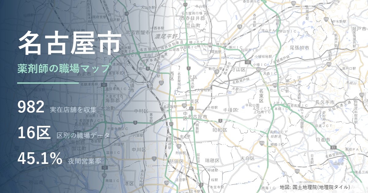 名古屋市の薬局・ドラッグストア実収集982店の分布と基礎データ
