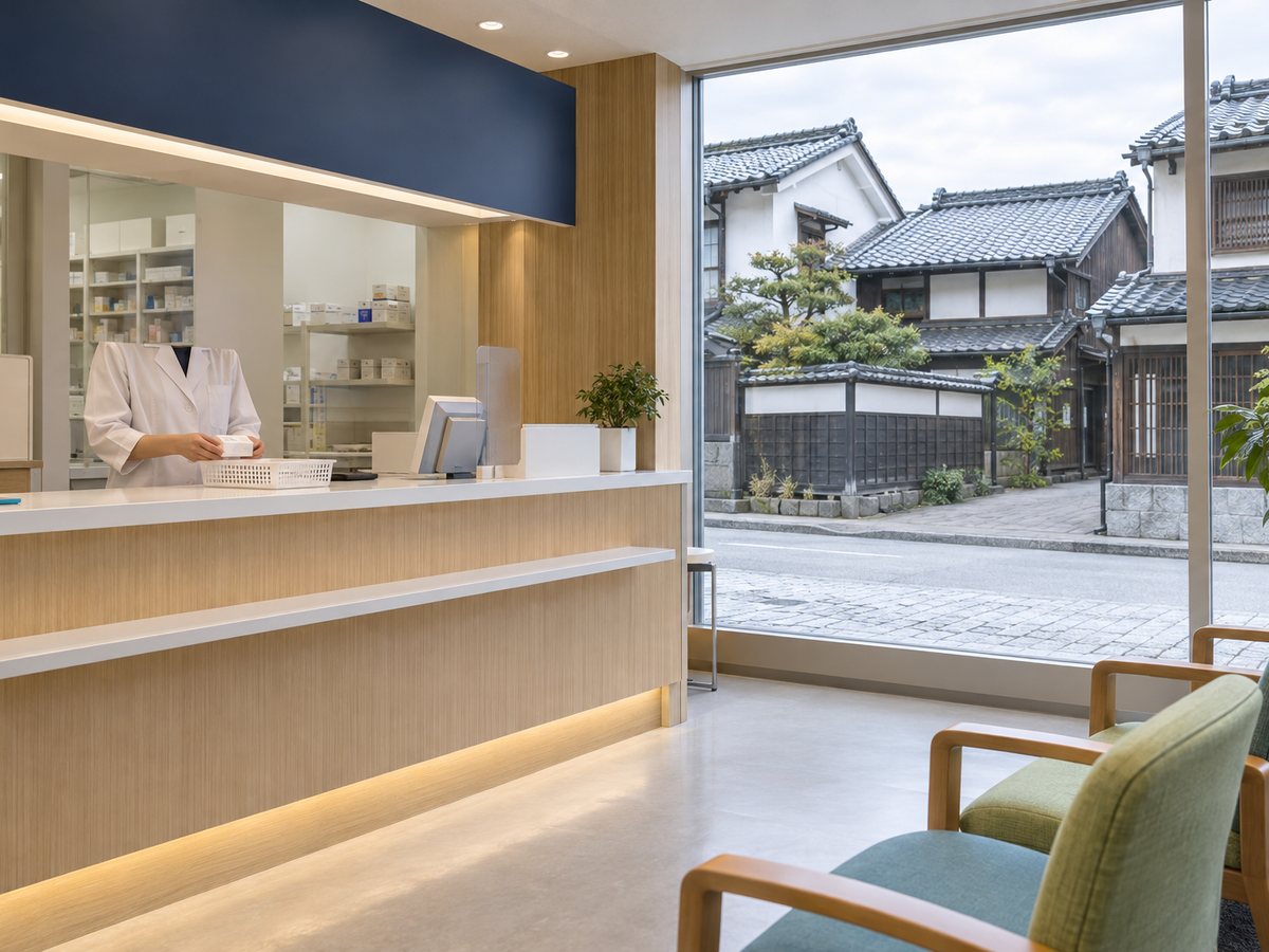 薬局の受付カウンターと、その奥の大きな窓。城下町らしい古い町並み