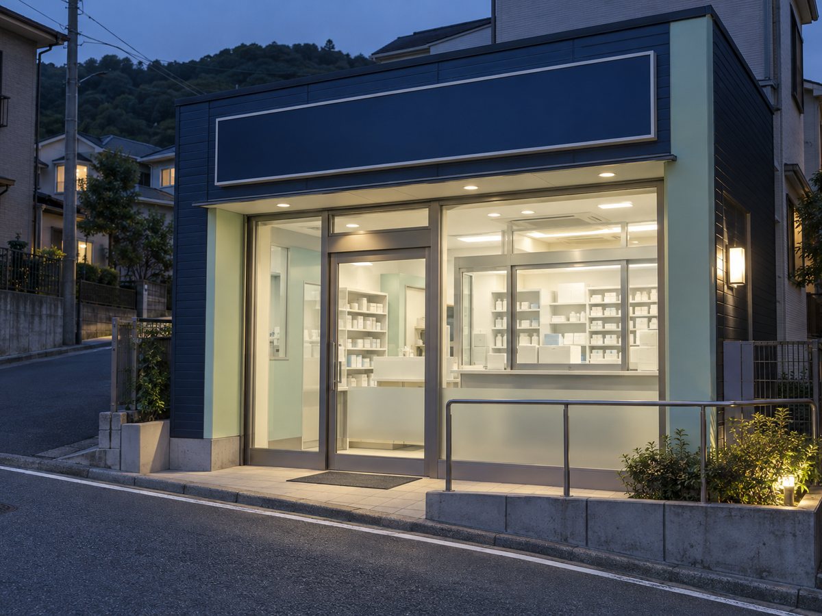 住宅地の坂道沿いで夕方に灯りがつく調剤薬局