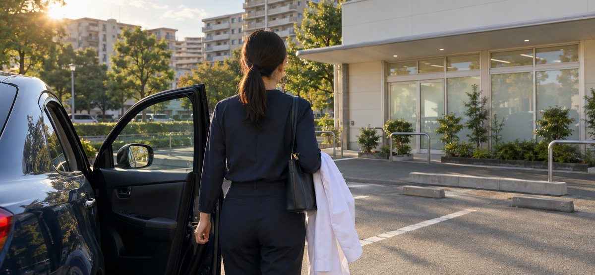薬局の駐車場に停めた車から降りる薬剤師の後ろ姿。団地の棟が並ぶ広い敷地と公園の木々