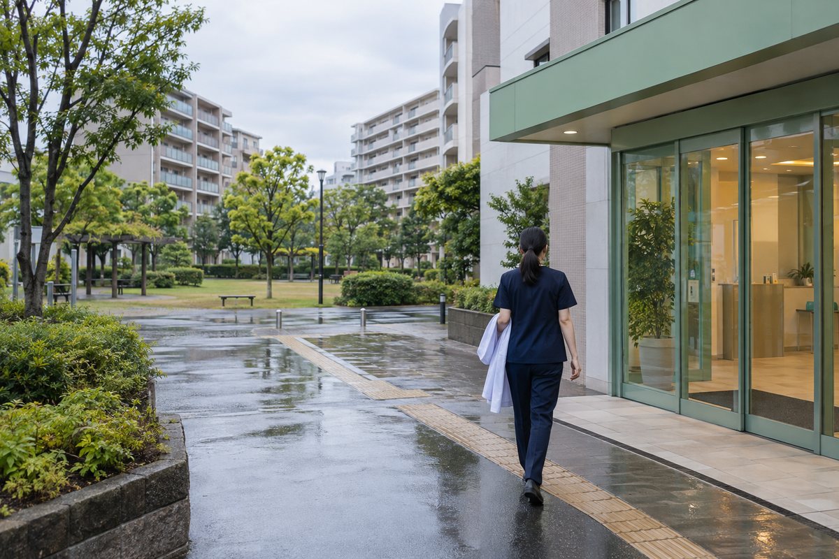 白衣を腕にかけて薬局へ向かう薬剤師の後ろ姿。団地の棟が並ぶ広い敷地と公園の木々