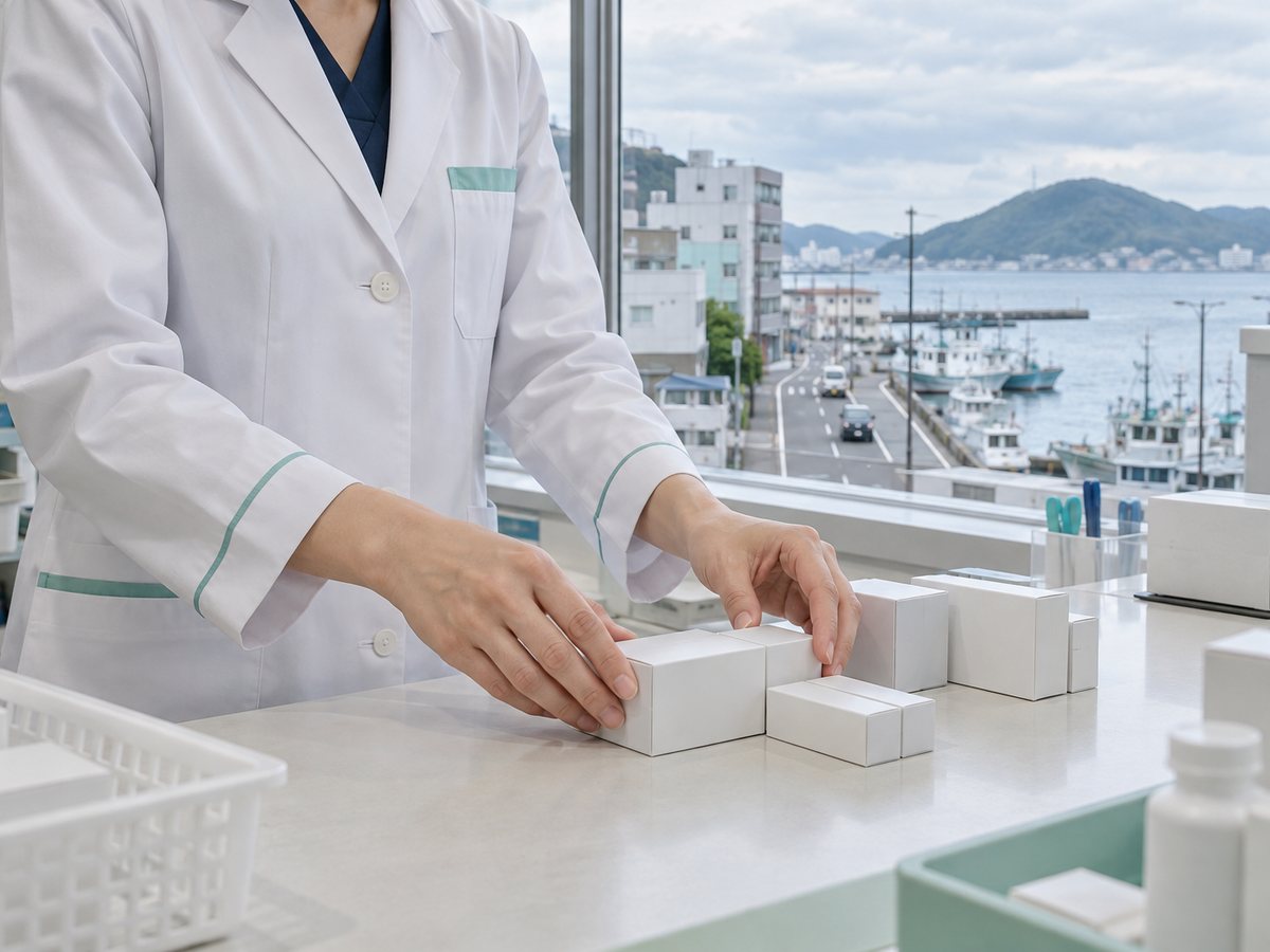 調剤室で薬の箱を揃える薬剤師の手元。海沿いの街並み