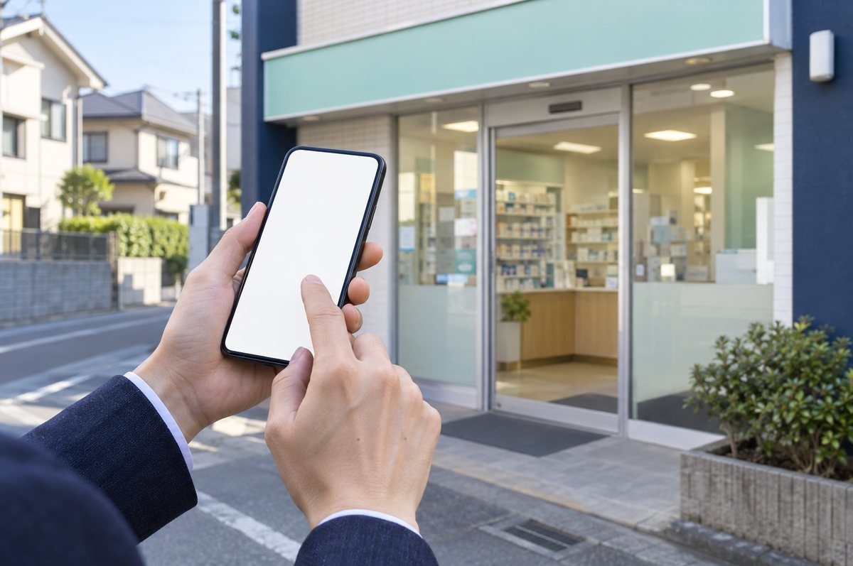 地域薬局の近くで問い合わせをする手元