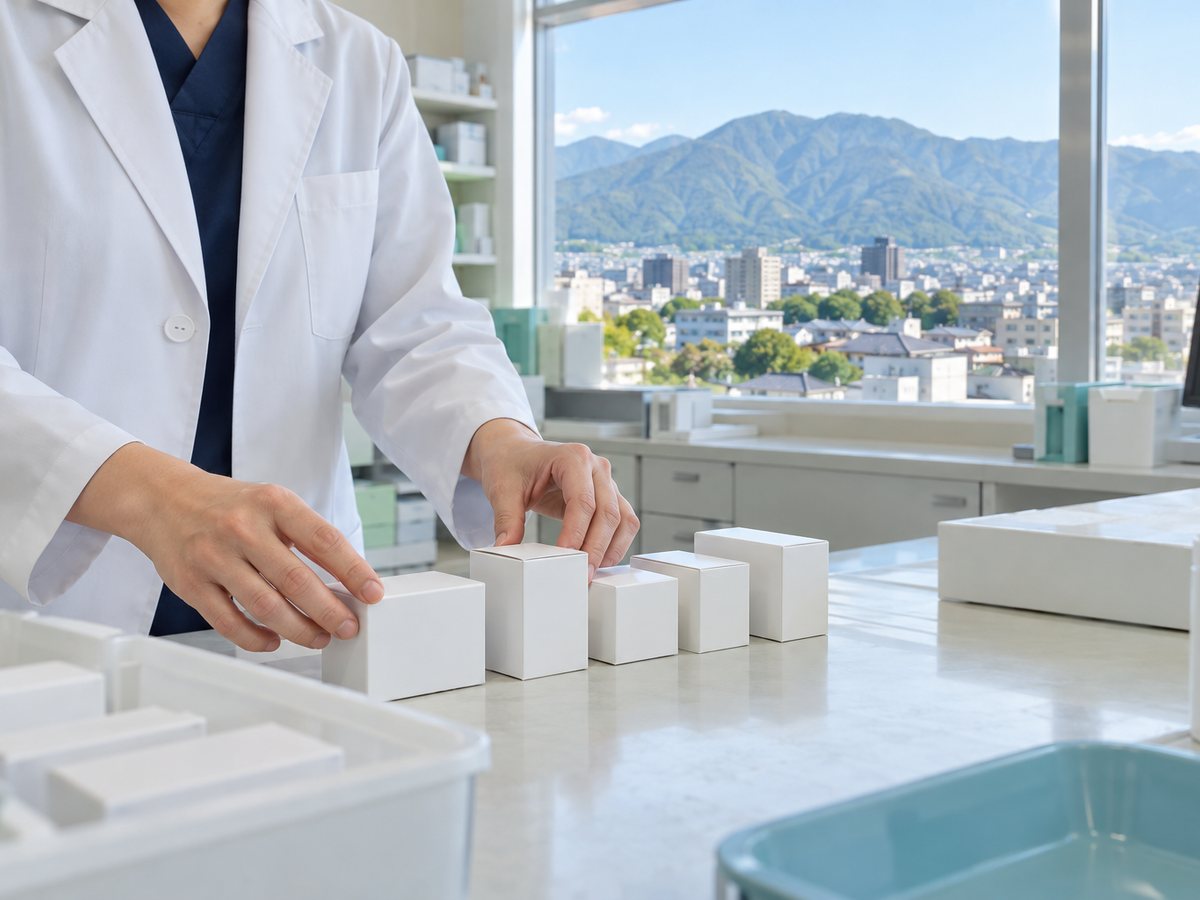調剤室で薬の箱を揃える薬剤師の手元。街並みの向こうに迫る緑の山並み