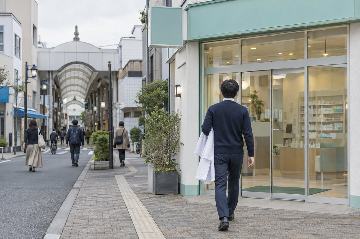 白衣を腕にかけて薬局へ向かう薬剤師の後ろ姿。地方都市の中心部、商店街のアーケードの入口と行き交う人