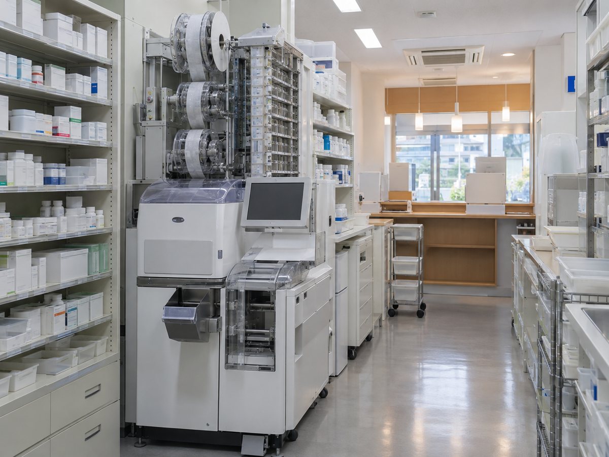 分包機と薬棚が並ぶ地域薬局の調剤室