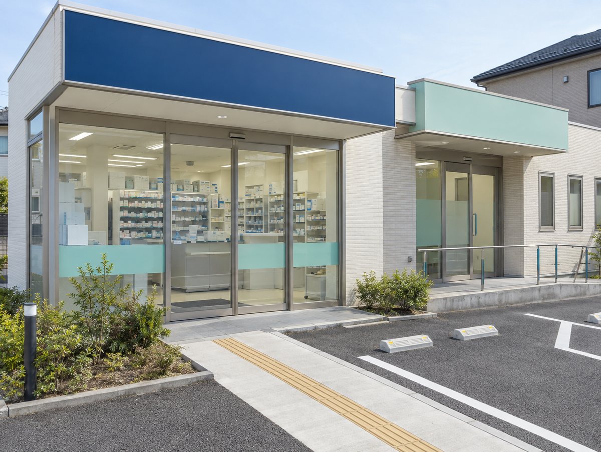 クリニックに隣接する調剤薬局の入口と調剤室