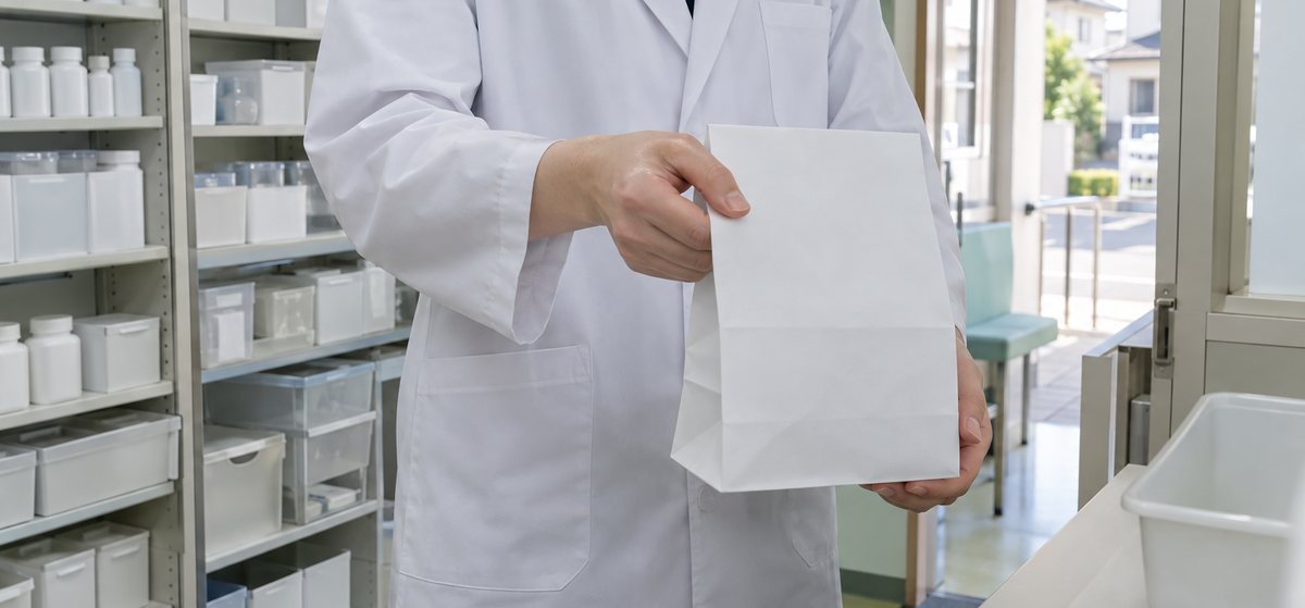 調剤薬局で薬袋を受け渡し口へ運ぶ手元