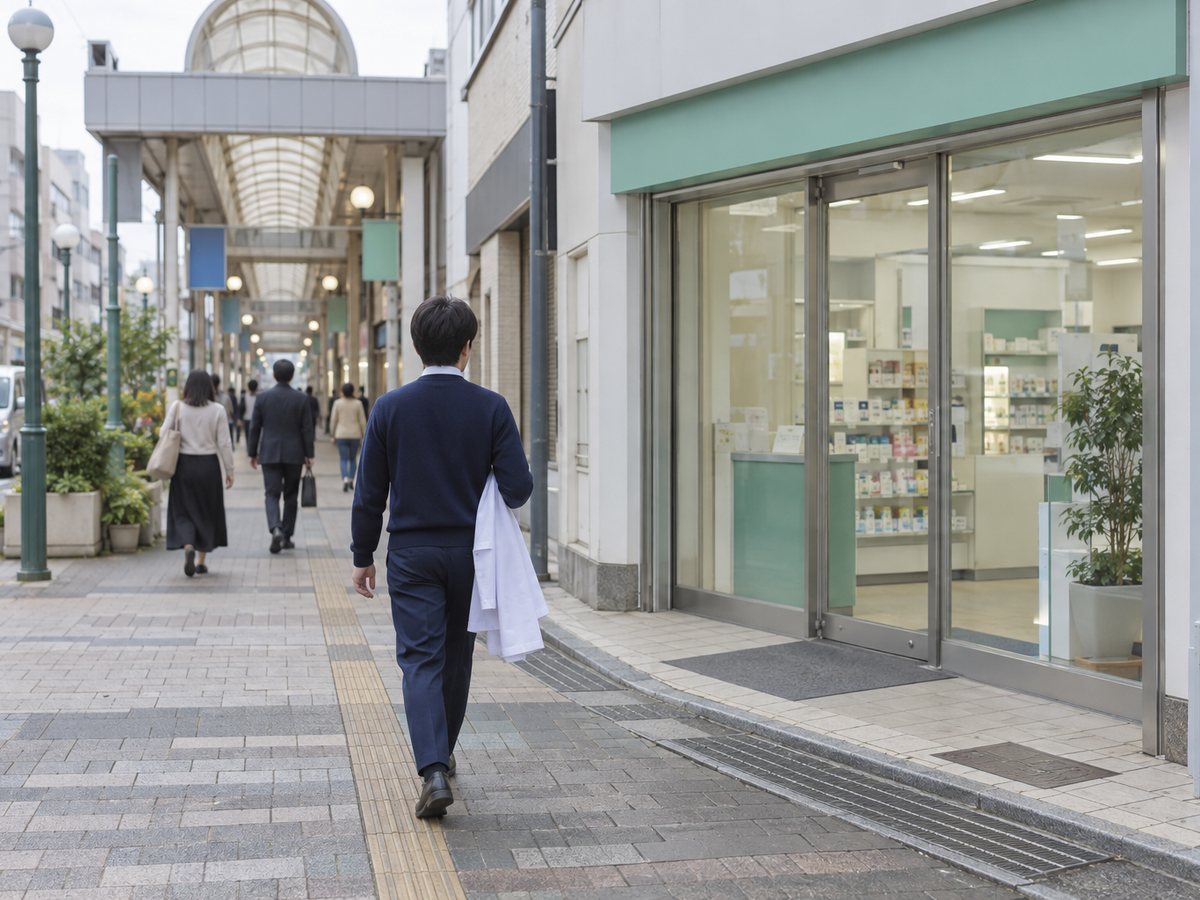 白衣を腕にかけて薬局へ向かう薬剤師の後ろ姿。地方都市の中心部、商店街のアーケードの入口と行き交う人