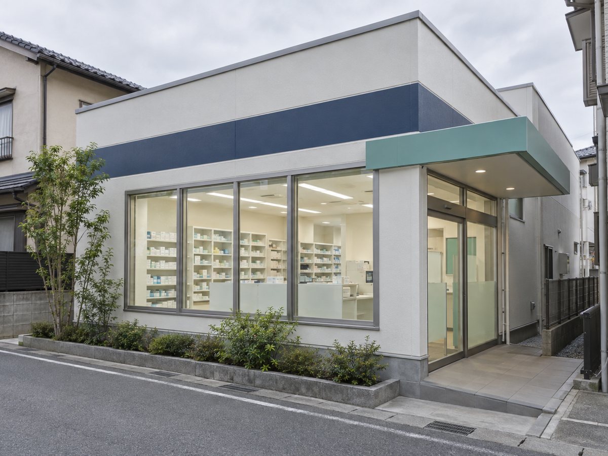 住宅と店舗が並ぶ通りに面した地域薬局