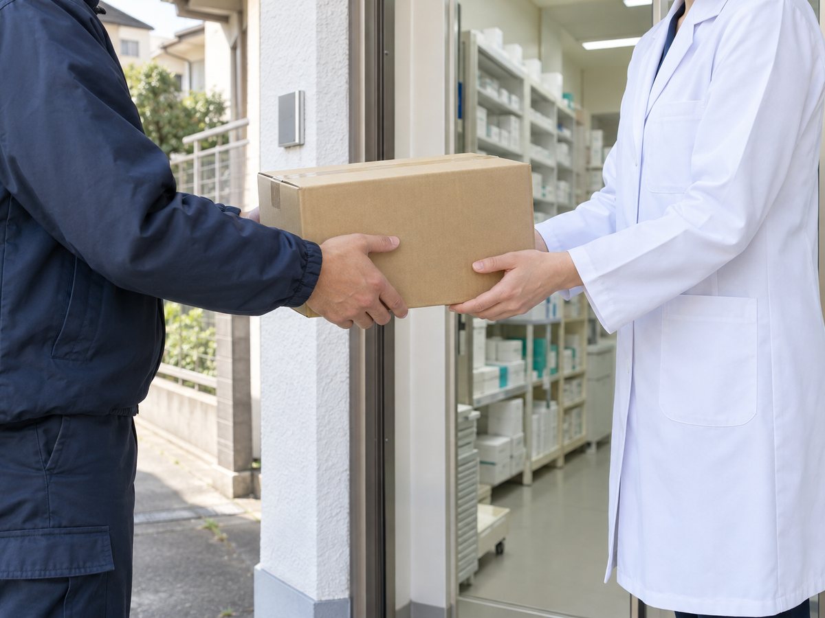 薬局の納品口で配送箱を受け取る薬剤師の手元
