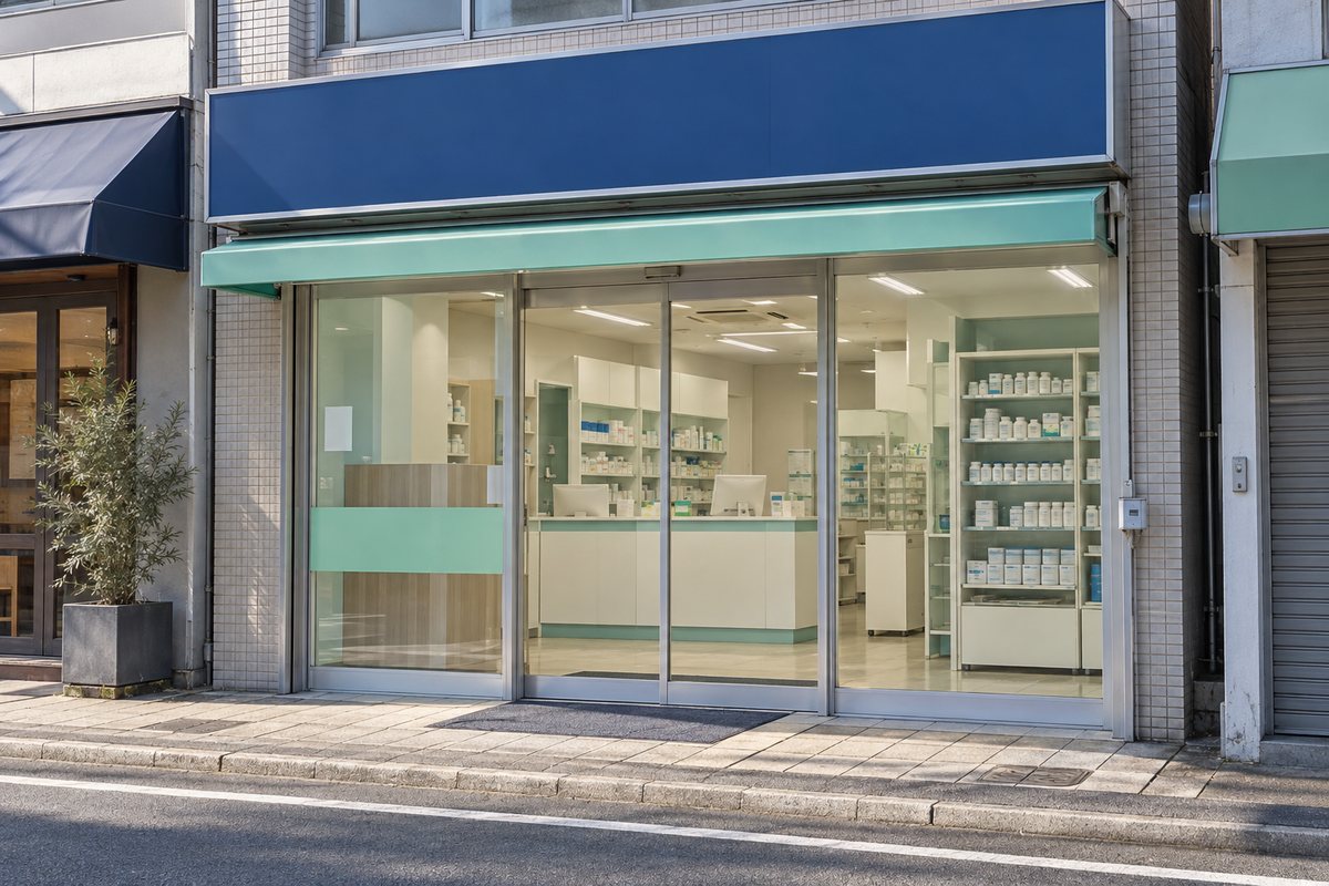 商店街の歩道に面した小規模調剤薬局