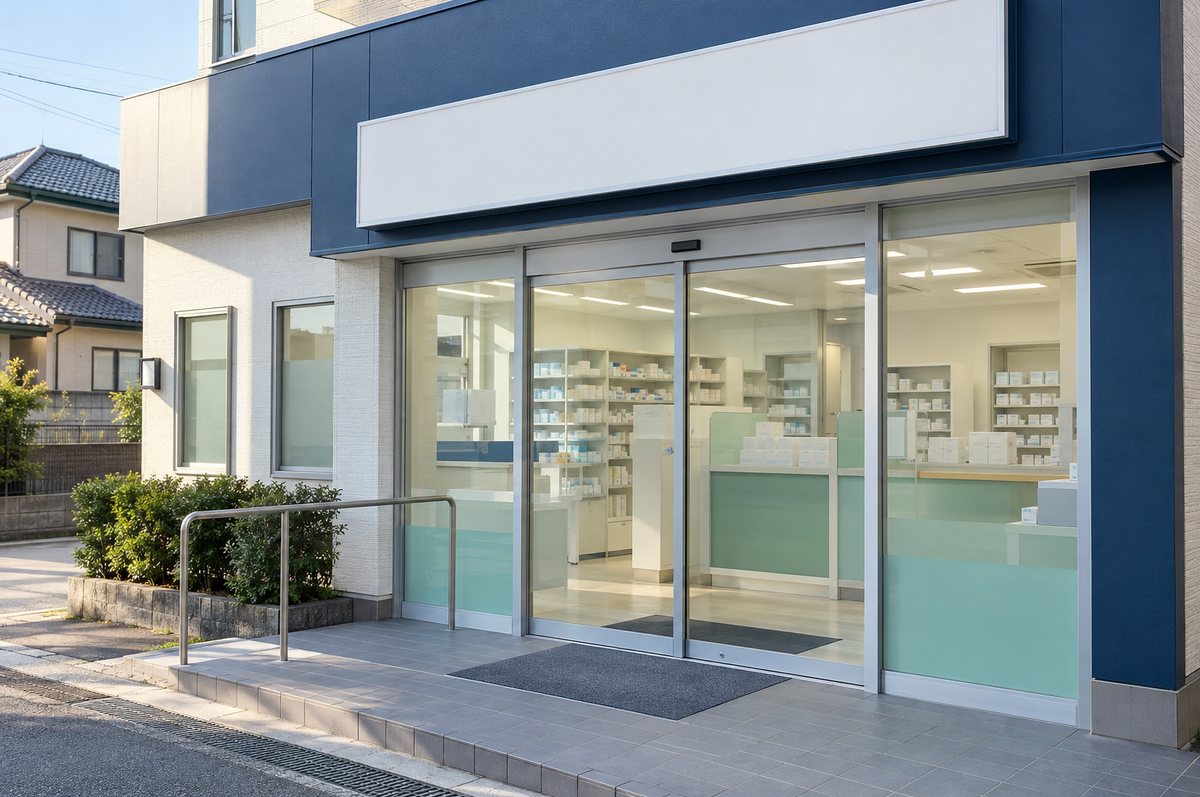 住宅街にある調剤薬局の入口と投薬窓口