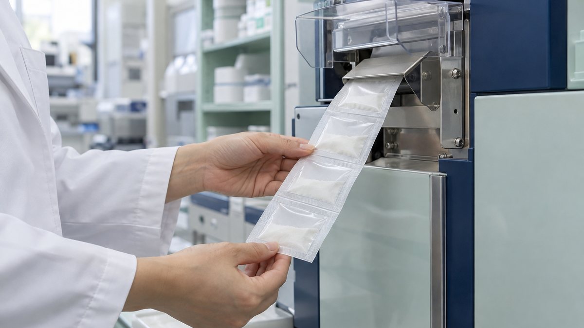 分包機から薬包を取り出す薬剤師の手元