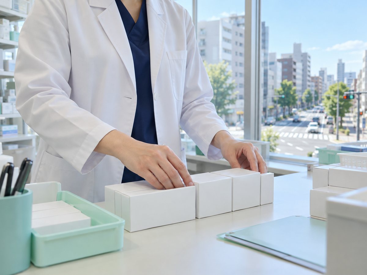 調剤室で薬の箱を揃える薬剤師の手元。中層のオフィスビルとマンションが並ぶ大通り、横断歩道と信号
