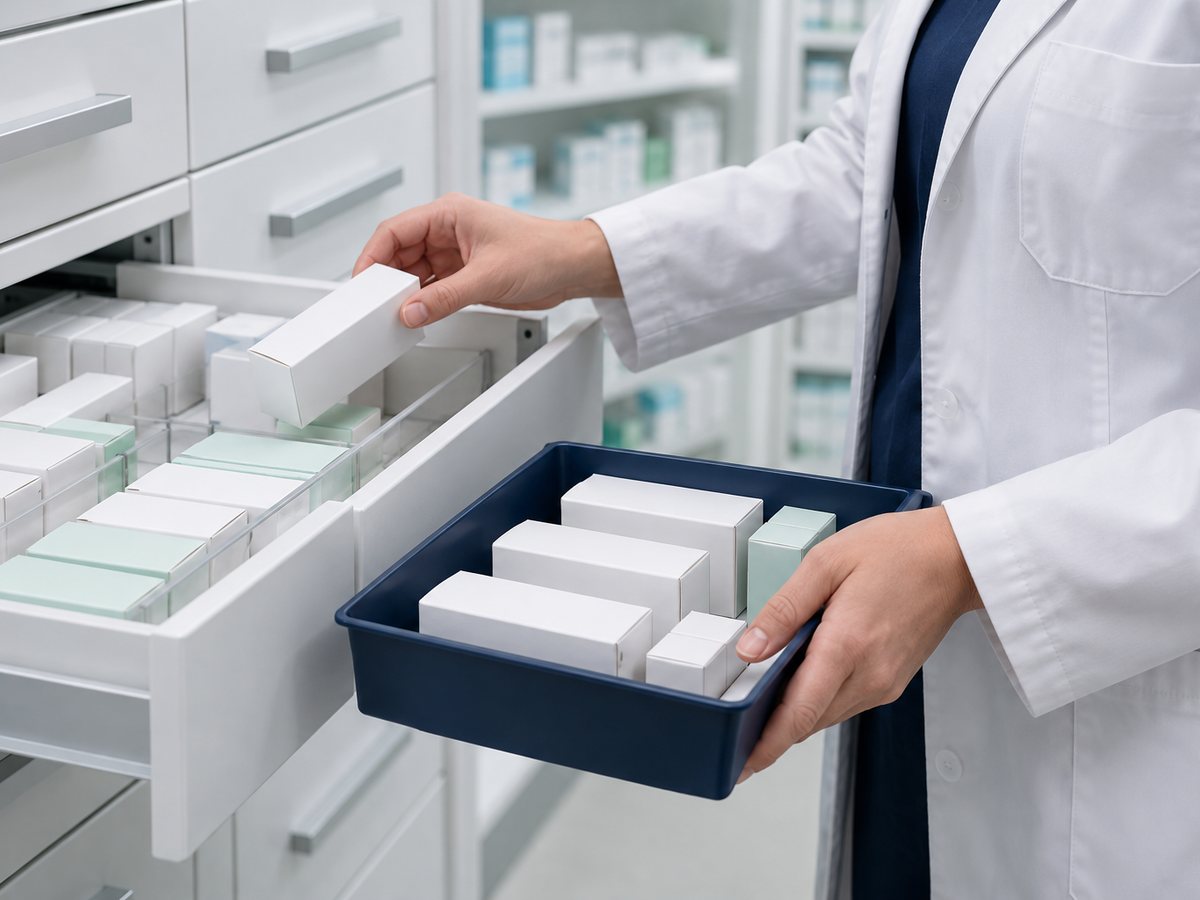 薬品用の引き出しから薬を取り出す薬剤師の手元