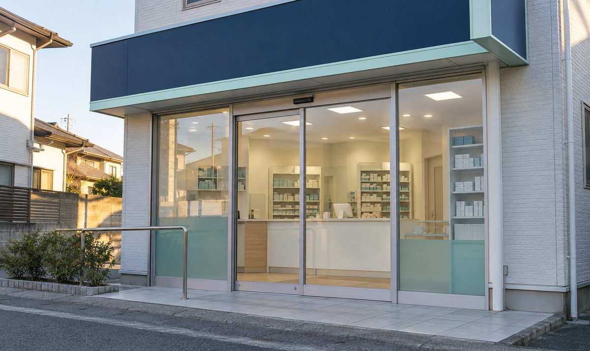 住宅街の小規模調剤薬局の入口と無人の店内