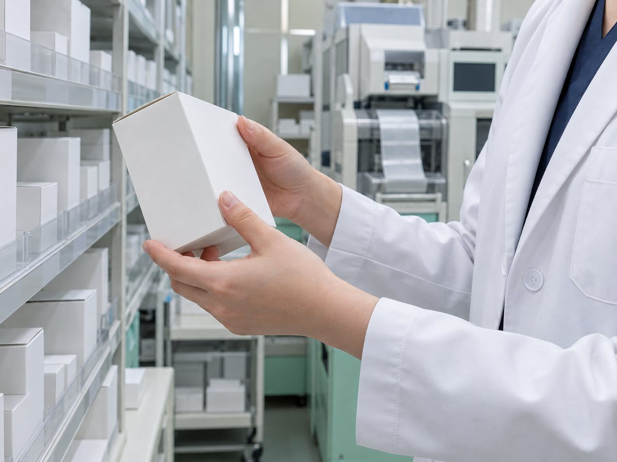 調剤棚から薬箱を取り出す薬剤師の手元