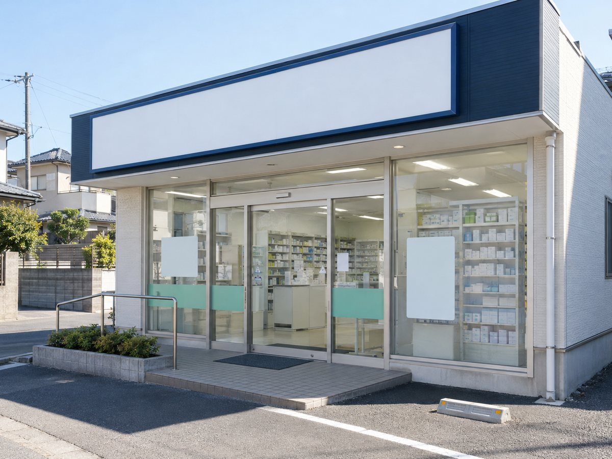 調剤棚と作業用通路が見える平屋薬局