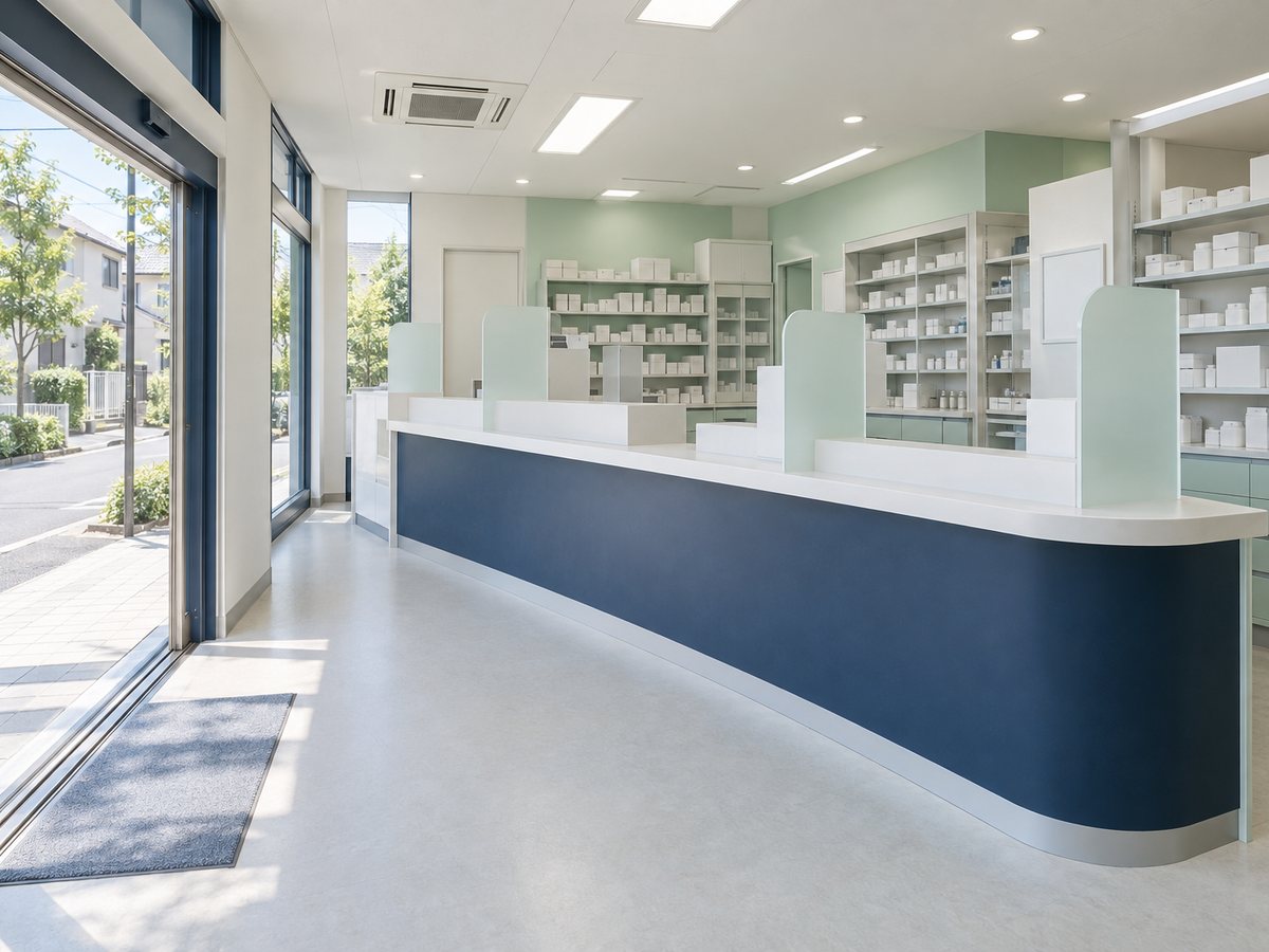 調剤薬局の受け渡し口と奥に続く薬棚
