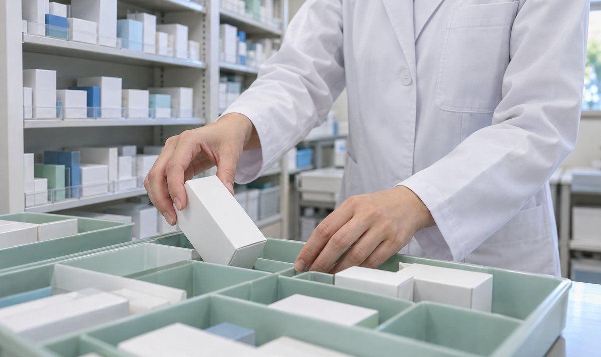 薬箱を仕分け用トレーへ移す薬剤師の手元