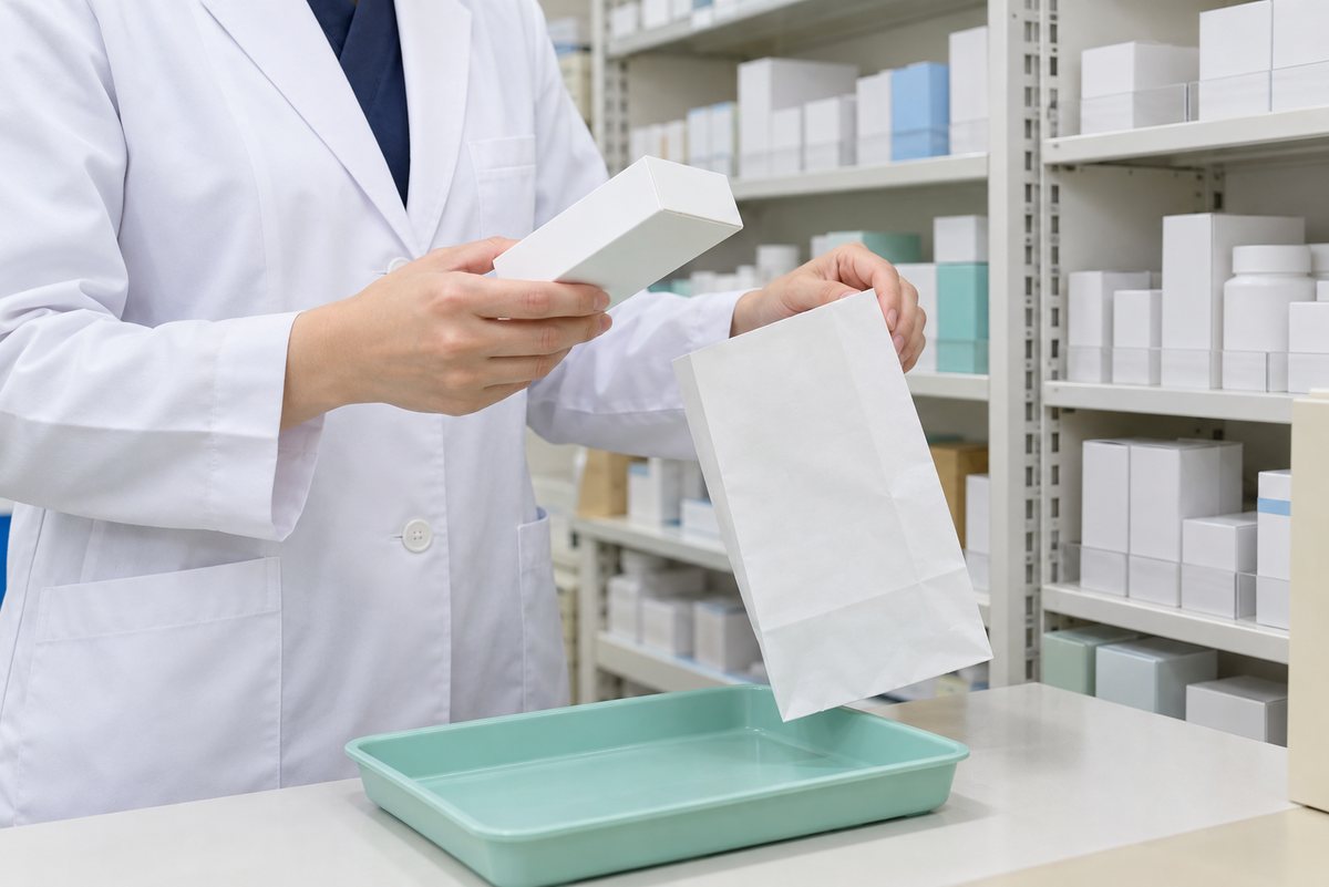 薬箱と薬袋を照合する薬剤師の手元