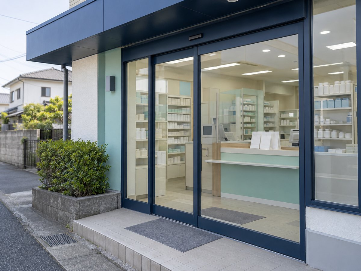 住宅街に面した調剤薬局の入口と受け渡し口