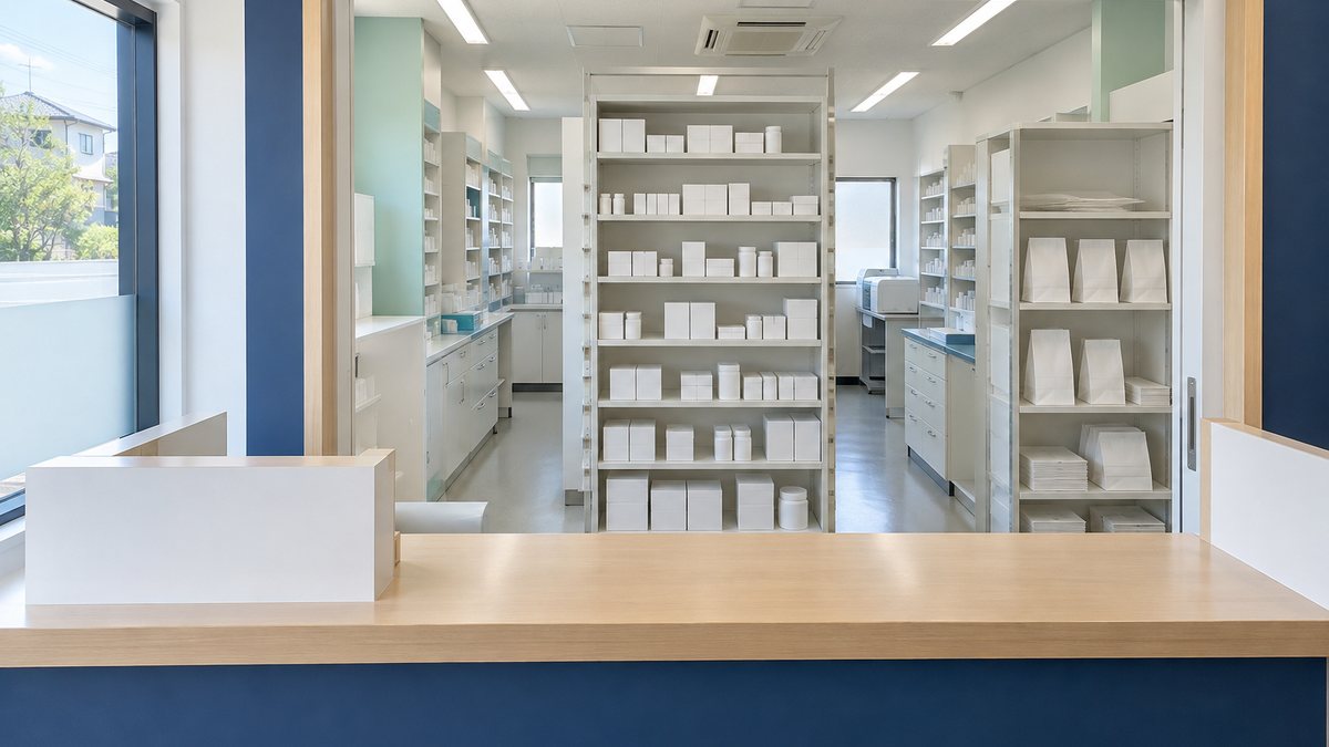 受付窓口から奥の調剤棚が見える薬局