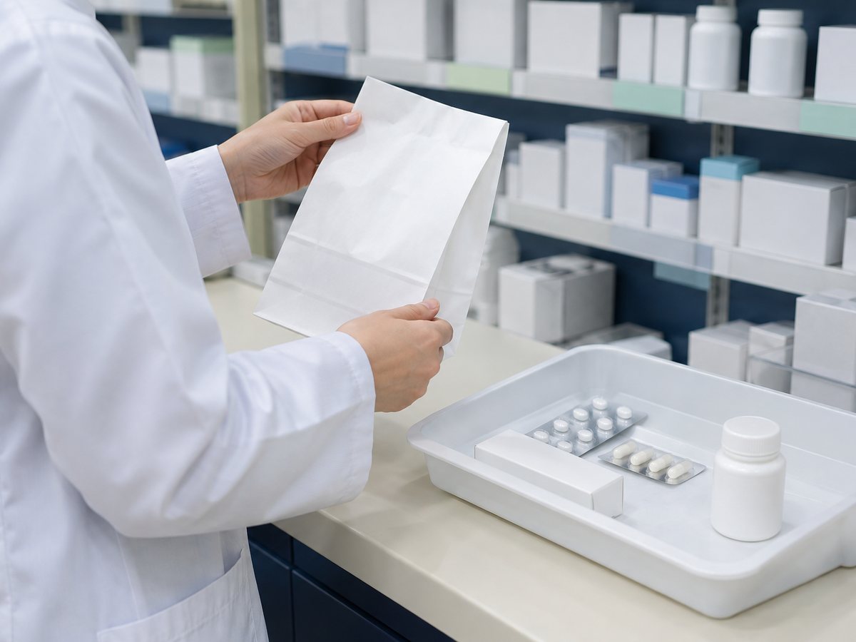 調剤トレーと薬袋を確認する薬剤師の手元