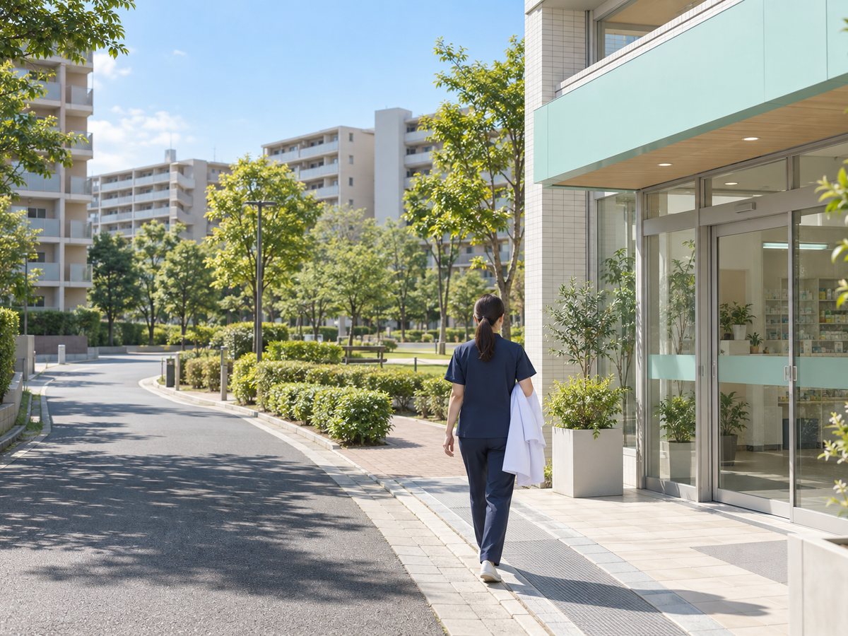 白衣を腕にかけて薬局へ向かう薬剤師の後ろ姿。団地の棟が並ぶ広い敷地と公園の木々