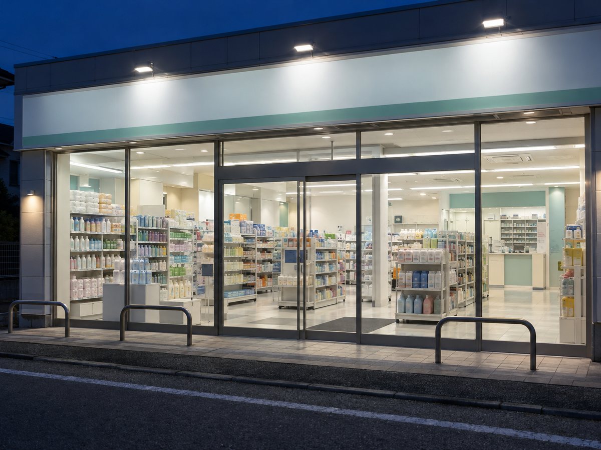 夜に照明が点く店舗の売場と奥の調剤区画
