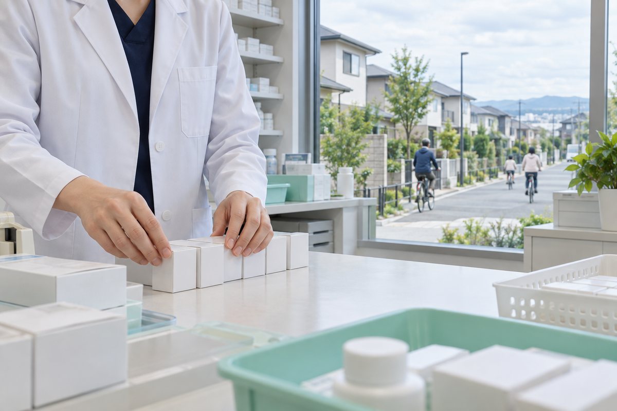調剤室で薬の箱を揃える薬剤師の手元。新しい戸建てが並ぶ住宅地と、自転車で行き交う人