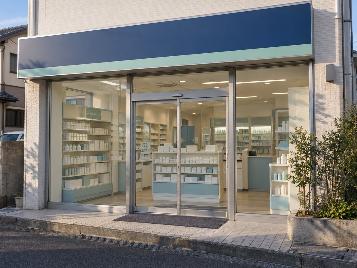 生活道路に面し、窓越しに薬品棚が見える調剤薬局