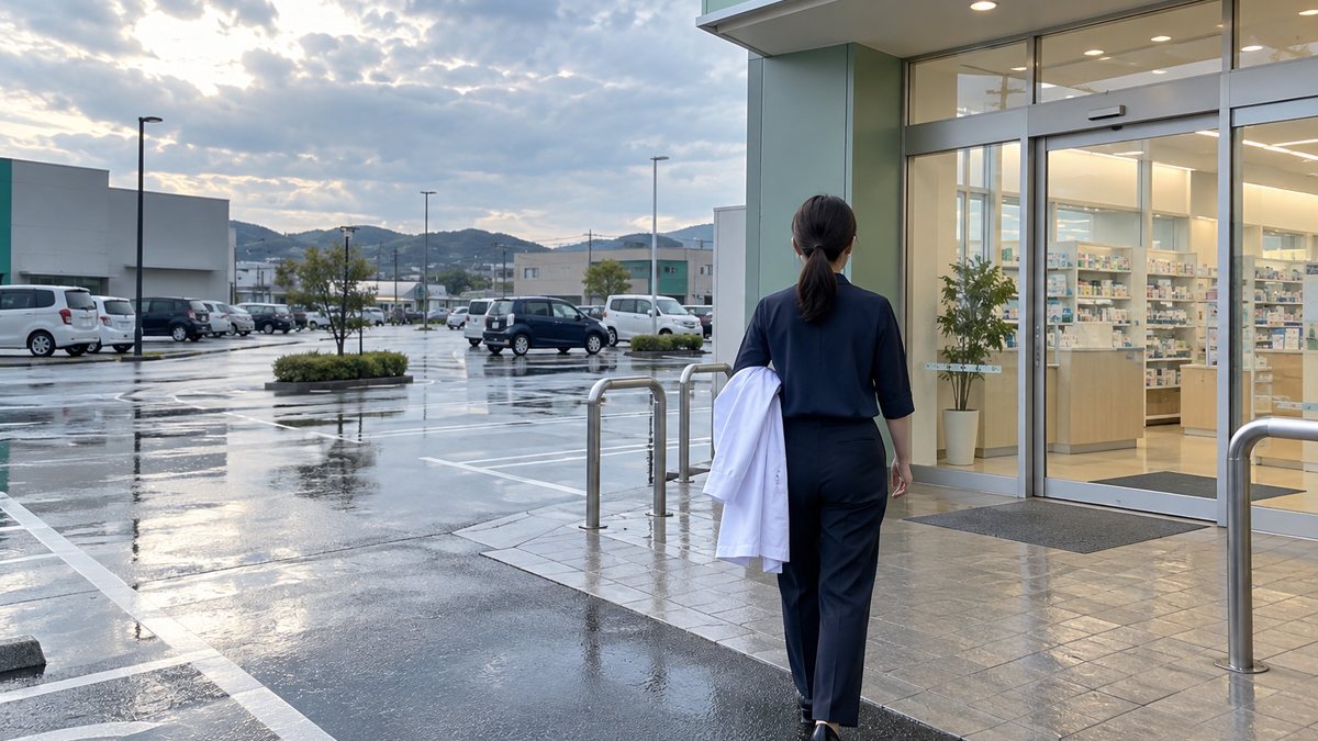 白衣を腕にかけて薬局へ向かう薬剤師の後ろ姿。郊外の幹線道路沿い