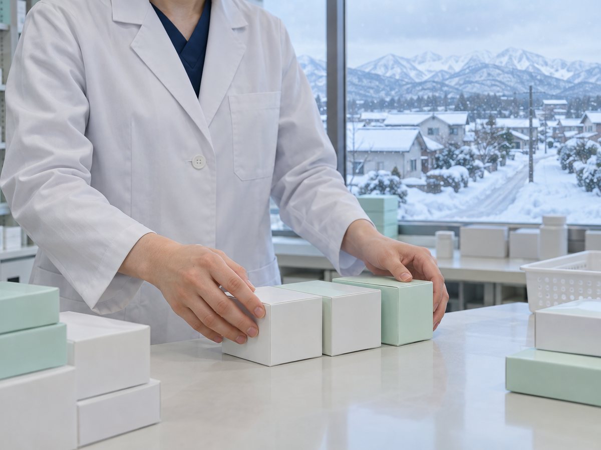 調剤室で薬の箱を揃える薬剤師の手元。雪が積もった歩道と除雪された道路、低い屋根の家並み、遠くに白い山並み