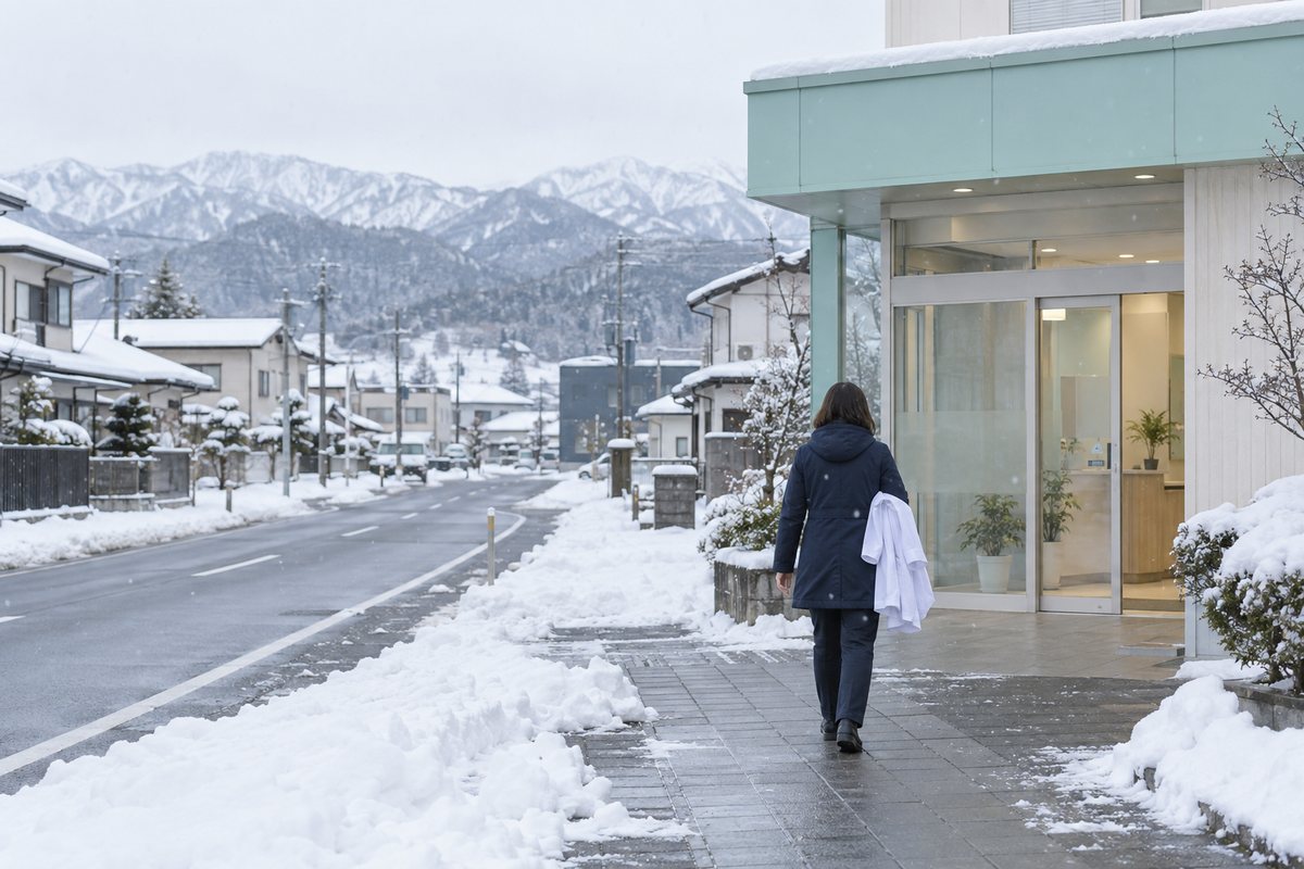 白衣を腕にかけて薬局へ向かう薬剤師の後ろ姿。雪が積もった歩道と除雪された道路、低い屋根の家並み、遠くに白い山並み