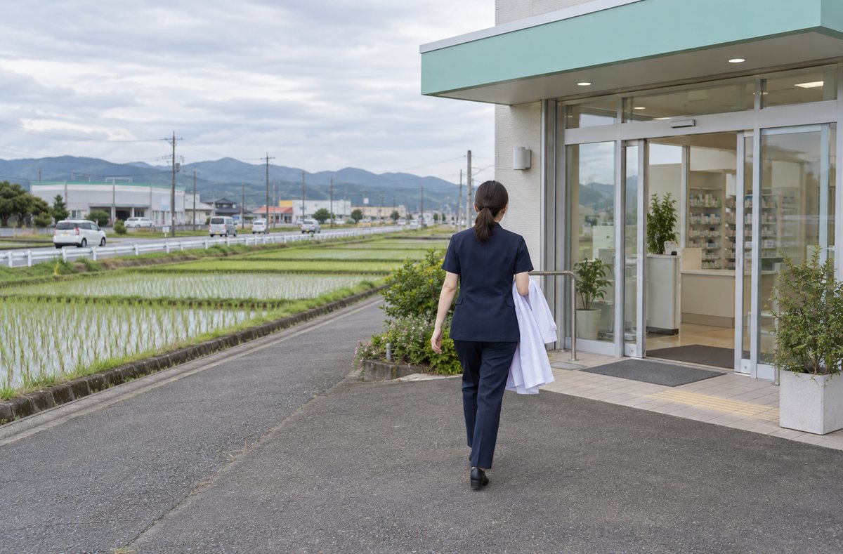 白衣を腕にかけて薬局へ向かう薬剤師の後ろ姿。田んぼの向こうに続くバイパス道路と点在する郊外の店