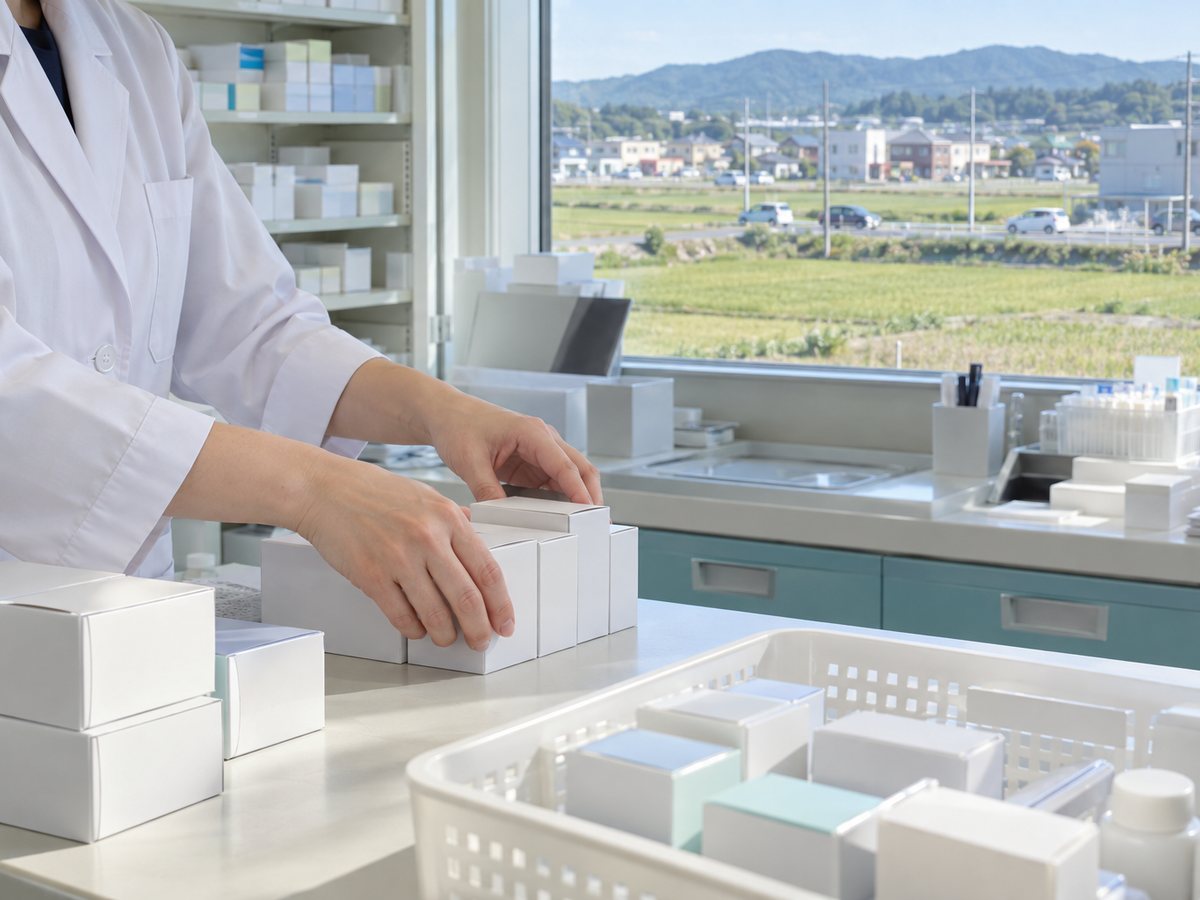 調剤室で薬の箱を揃える薬剤師の手元。田んぼの向こうに続くバイパス道路と点在する郊外の店