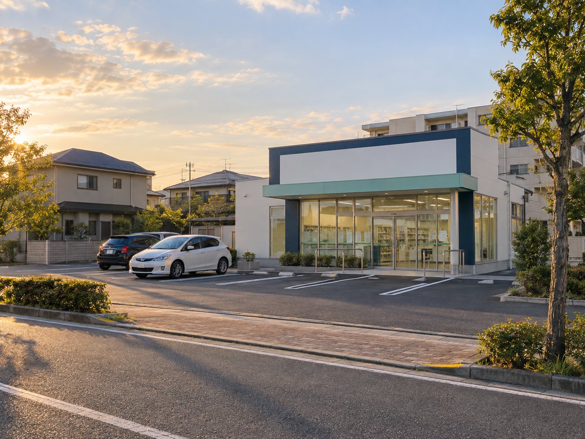 松原市の街にある、駐車場付きの調剤薬局の外観。大都市近郊の静かな住宅街
