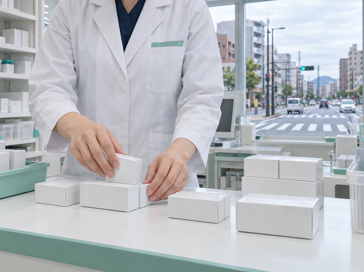調剤室で薬の箱を揃える薬剤師の手元。中層のオフィスビルとマンションが並ぶ大通り、横断歩道と信号