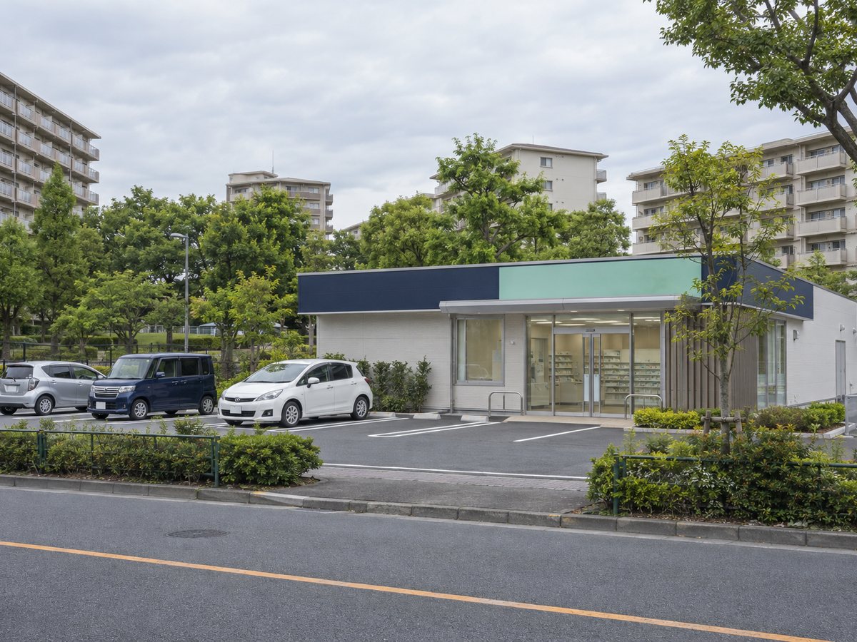 東久留米市の街にある、駐車場付きの調剤薬局の外観。団地の棟が並ぶ広い敷地と公園の木々