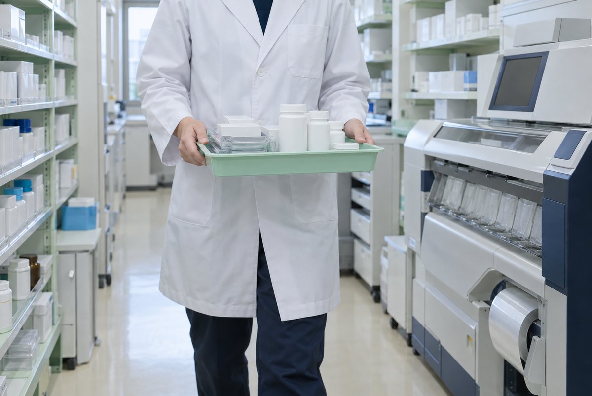 調剤室でトレーを運ぶ薬剤師の首から下