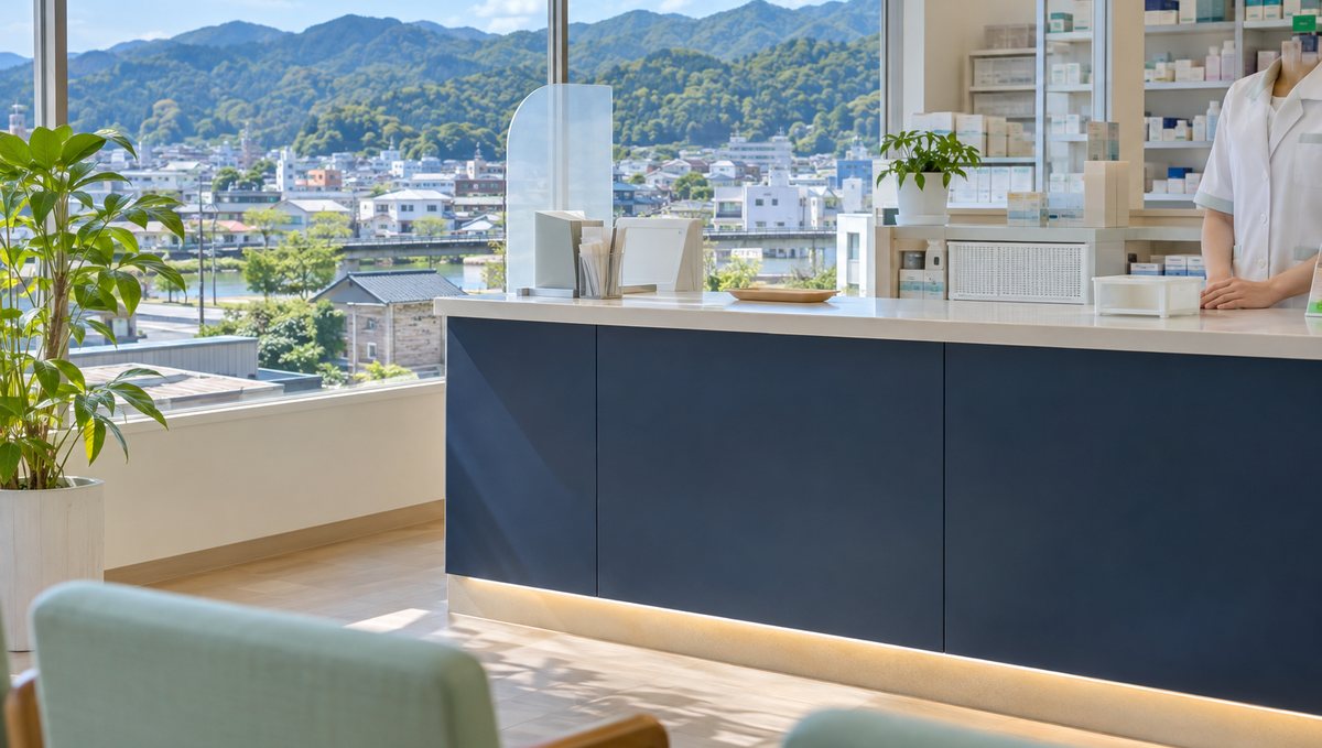 薬局の受付カウンターと、その奥の大きな窓。街並みの向こうに迫る緑の山並み
