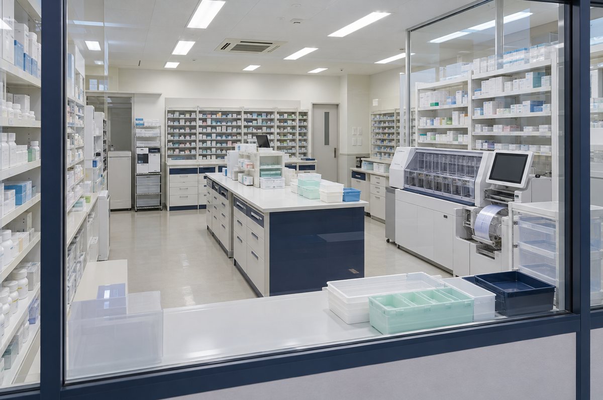 薬棚と分包機の配置が見える無人の調剤室