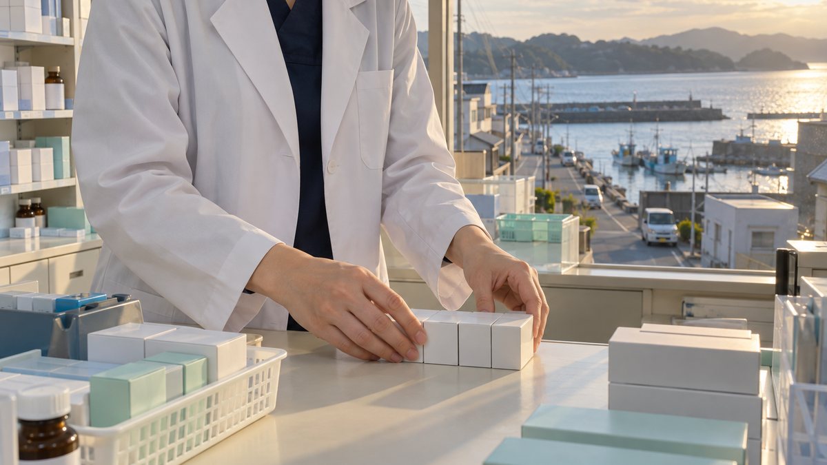 調剤室で薬の箱を揃える薬剤師の手元。海沿いの街並み