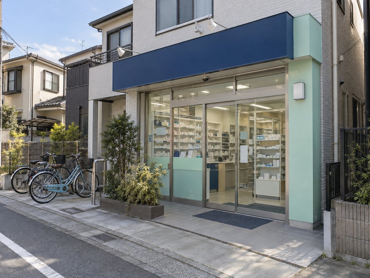 住宅と低層店舗の通りに面した調剤薬局