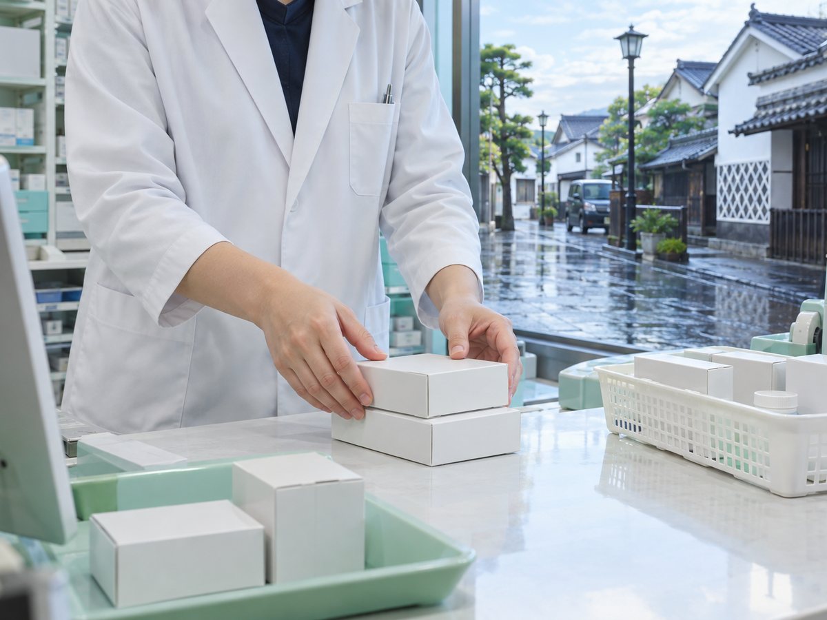 調剤室で薬の箱を揃える薬剤師の手元。城下町らしい古い町並み