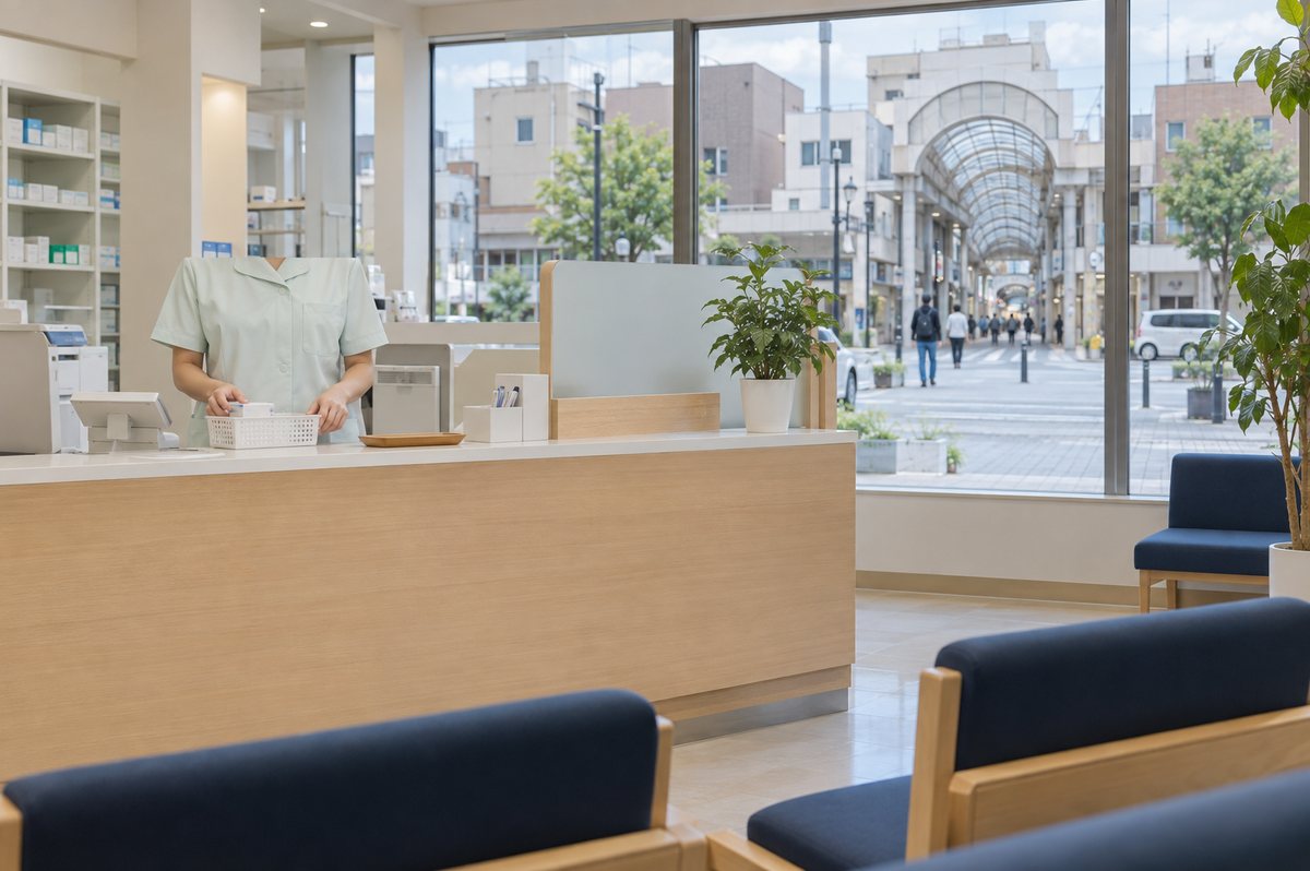 薬局の受付カウンターと、その奥の大きな窓。地方都市の中心部、商店街のアーケードの入口と行き交う人