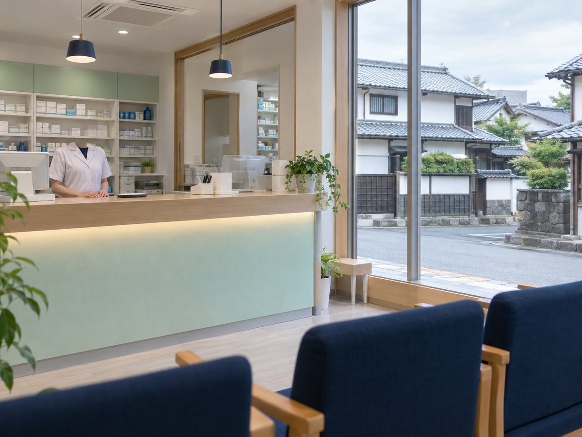 薬局の受付カウンターと、その奥の大きな窓。城下町らしい古い町並み