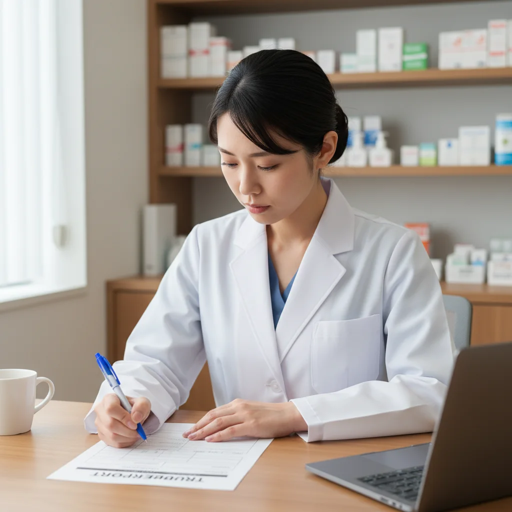 職場の人間関係トラブルに備え、薬剤師が証拠となるトラブル報告書を作成している。5W1Hに基づき、具体的な事実をペンで記録している様子。